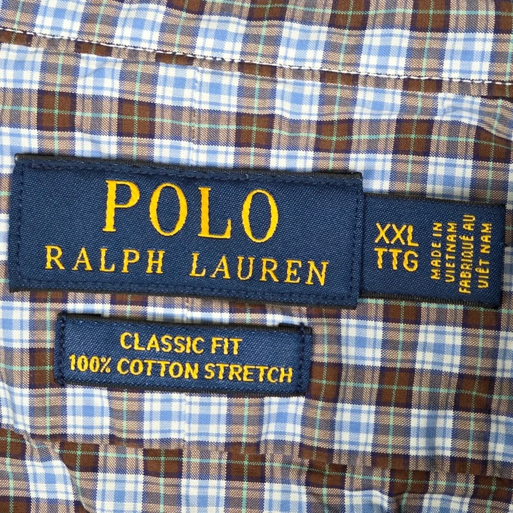 Polo Ralph Lauren Mens XXL Brown Blue Plaid Cotton Stretch Classic Fit‎ Shirt